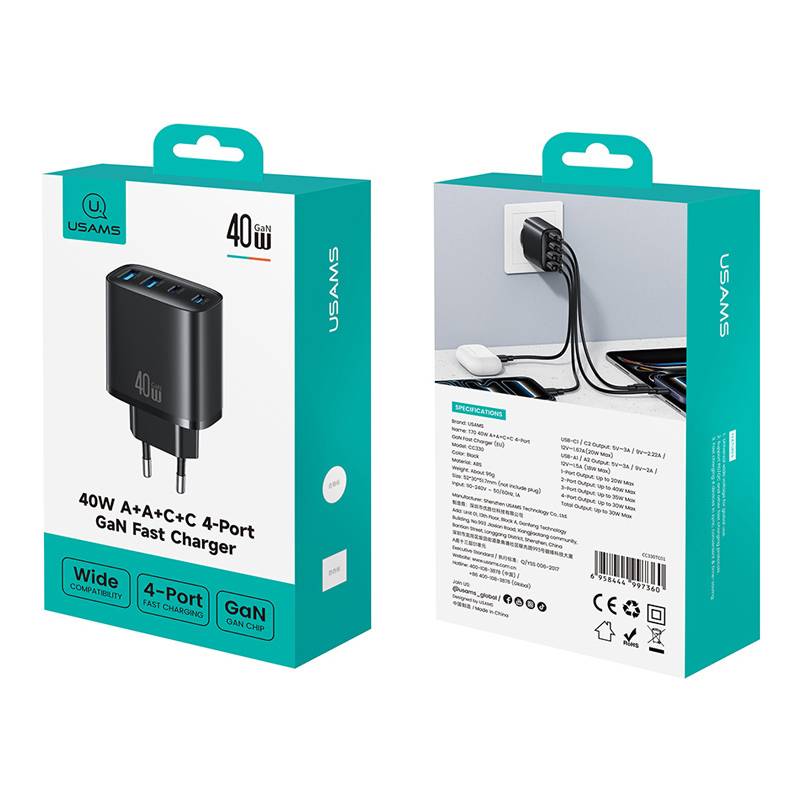 USAMS φορτιστής τοίχου CC330, 2x USB & 2x USB-C, 40W, GaN, μαύρος – φωτογραφία 6