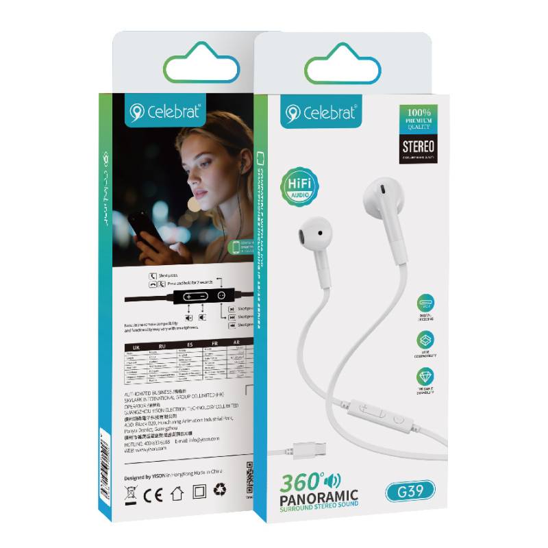 Celebrat earphones με μικρόφωνο G39, USB-C σύνδεση, 14mm, 1.2m, λευκά – φωτογραφία 6