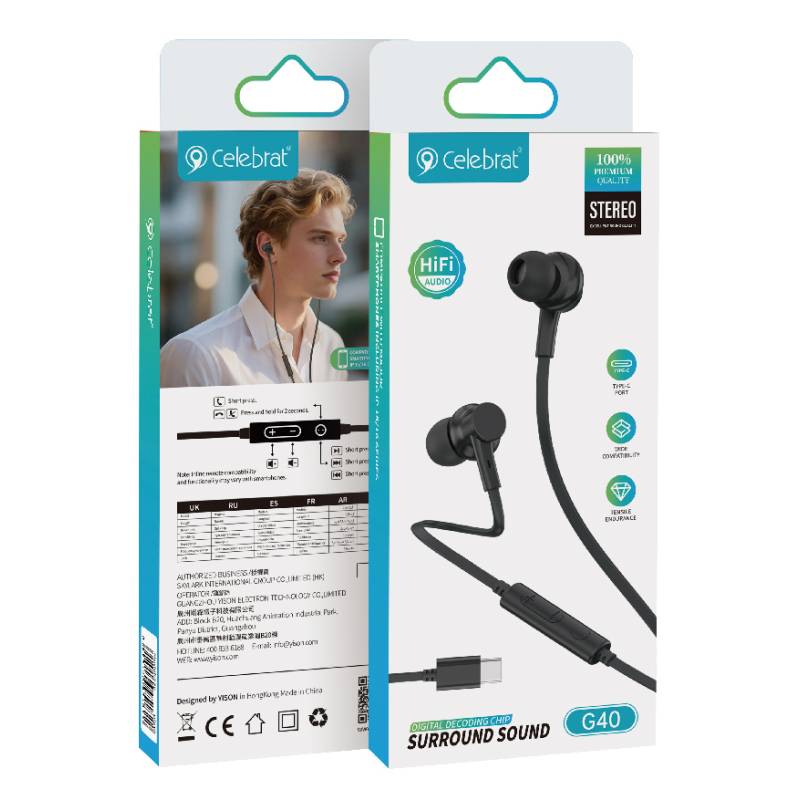 Celebrat earphones με μικρόφωνο G40, USB-C σύνδεση, 10mm, 1.2m, μαύρα – φωτογραφία 5