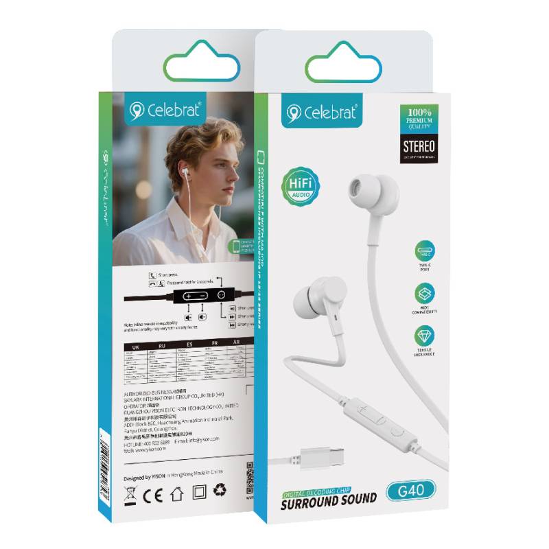 Celebrat earphones με μικρόφωνο G40, USB-C σύνδεση, 10mm, 1.2m, λευκά – φωτογραφία 5
