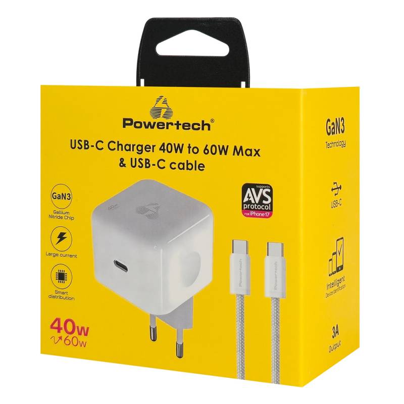 Powertech φορτιστής τοίχου PT-1581 με καλώδιο, USB-C, 40 έως 60W, GaN, AVS, λευκός – φωτογραφία 4