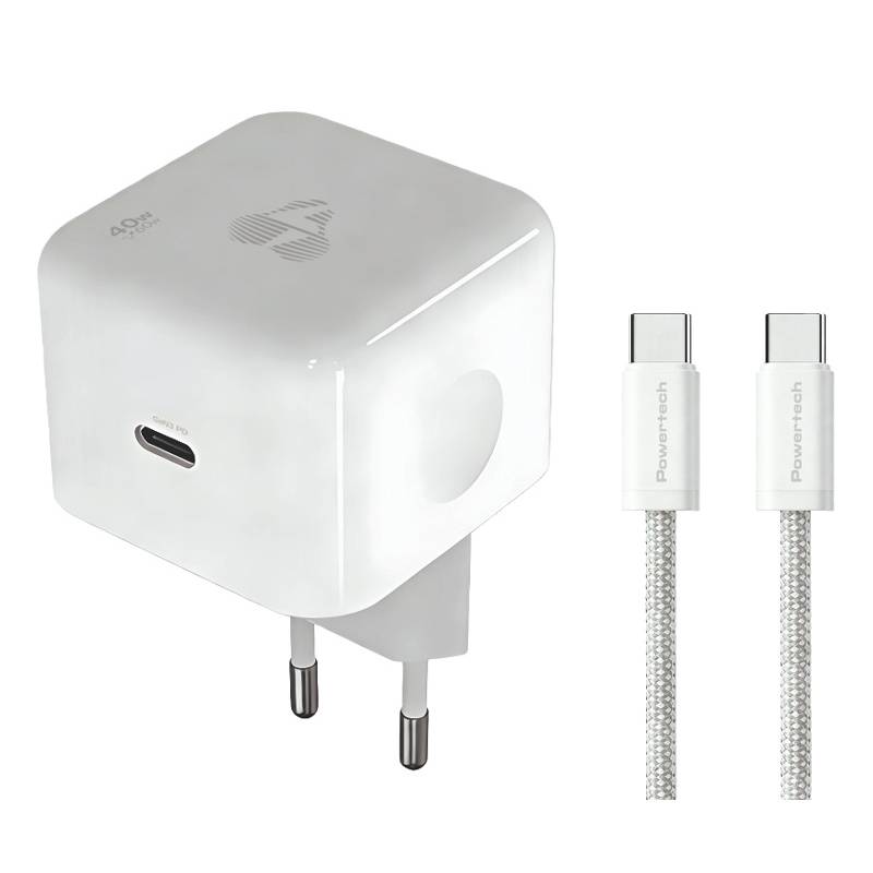 Powertech φορτιστής τοίχου PT-1581 με καλώδιο, USB-C, 40 έως 60W, GaN, AVS, λευκός