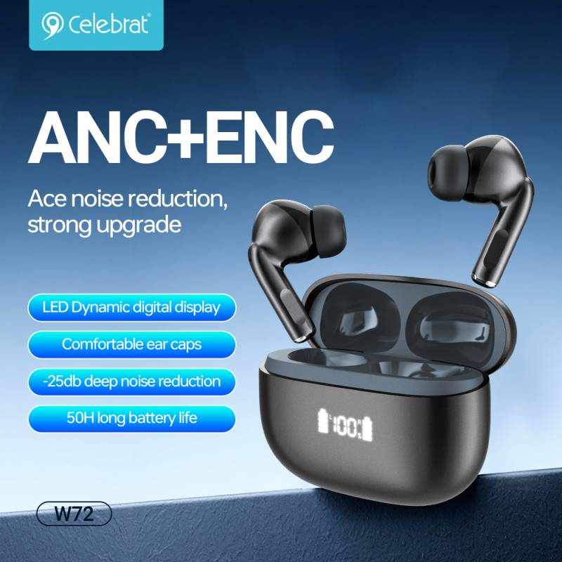 Celebrat earphones με θήκη φόρτισης W72, True Wireless, 10mm, 33/380mAh, ANC & ENC, μαύρα – φωτογραφία 4