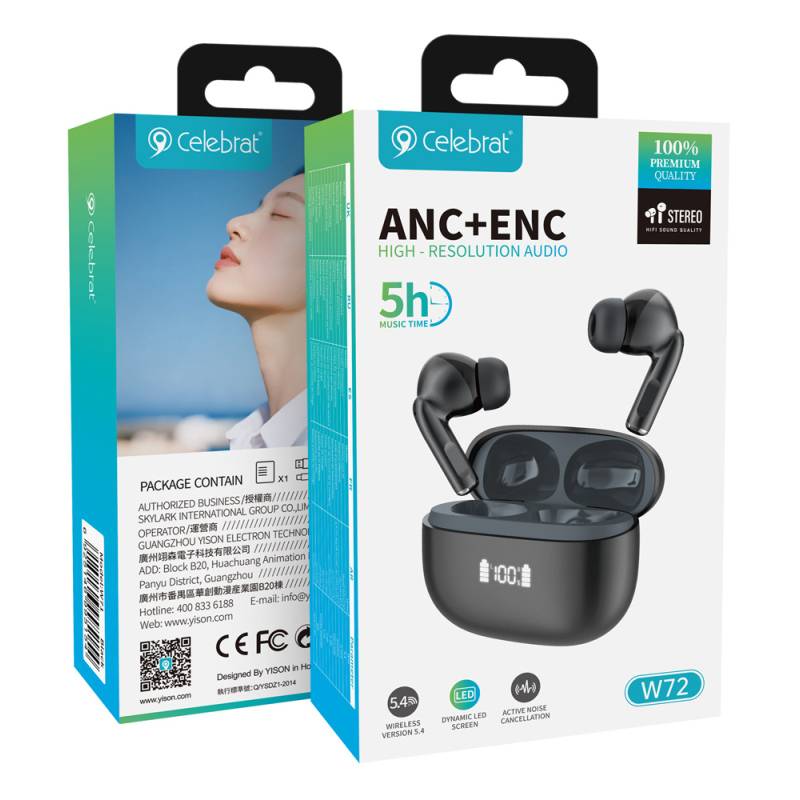 Celebrat earphones με θήκη φόρτισης W72, True Wireless, 10mm, 33/380mAh, ANC & ENC, μαύρα – φωτογραφία 5