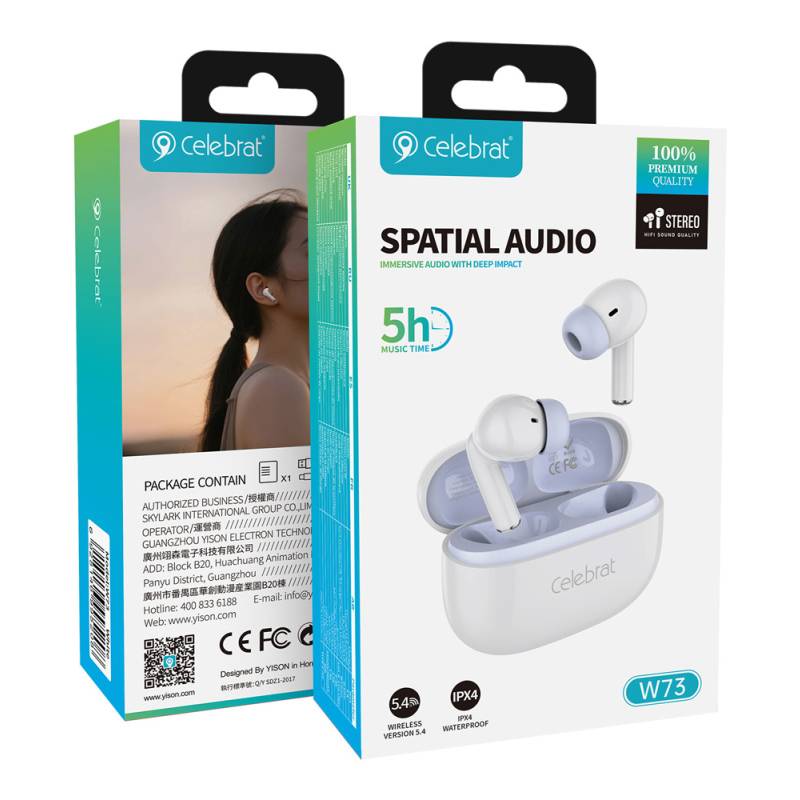 Celebrat earphones με θήκη φόρτισης W73, True Wireless, 13mm, 33/380mAh, λευκά – φωτογραφία 6