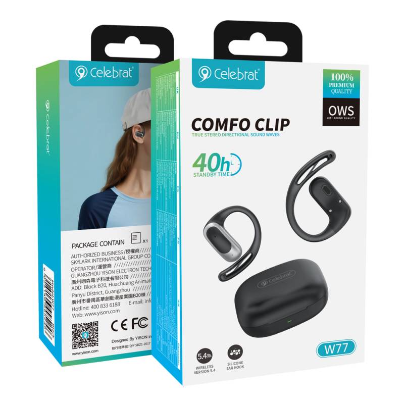 Celebrat earphones με θήκη φόρτισης W77, OWS, 12mm, 40/400mAh, μαύρα – φωτογραφία 6