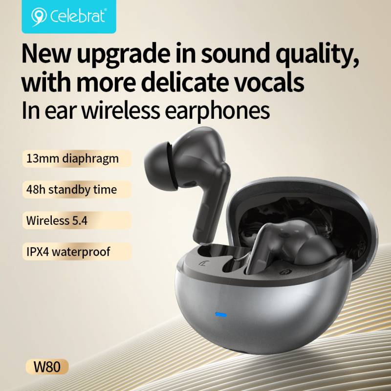 Celebrat earphones με θήκη φόρτισης W80, True Wireless, 13mm, 30/230mAh, γκρι – φωτογραφία 6