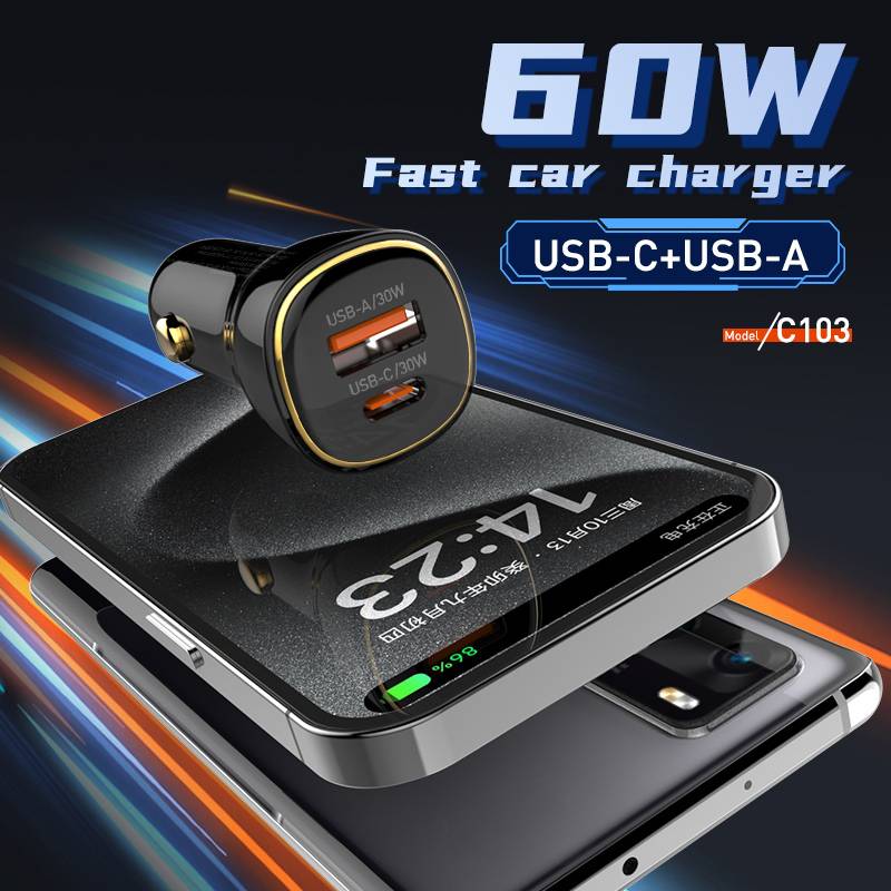Ldnio φορτιστής αυτοκινήτου C103 με καλώδιο Lightning, USB/USB-C, 60W, μαύρος – φωτογραφία 2