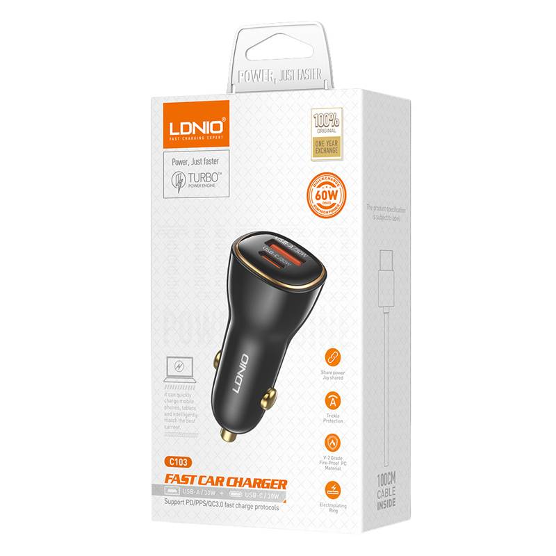 Ldnio φορτιστής αυτοκινήτου C103 με καλώδιο Lightning, USB/USB-C, 60W, μαύρος – φωτογραφία 4