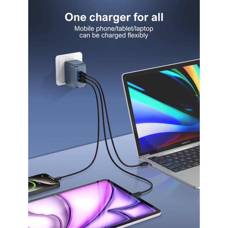 Ldnio φορτιστής τοίχου Q7 με καλώδιο USB-C, USB/Lightning/2x USB-C, GaN, 65W, μπλε – φωτογραφία 2