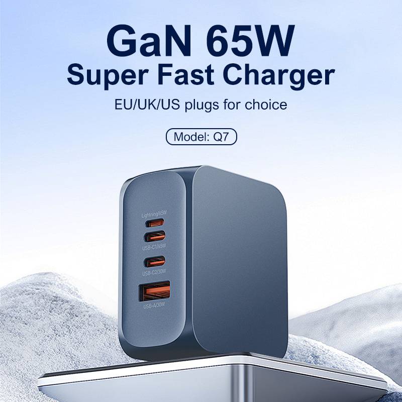 Ldnio φορτιστής τοίχου Q7 με καλώδιο USB-C, USB/Lightning/2x USB-C, GaN, 65W, μπλε – φωτογραφία 3