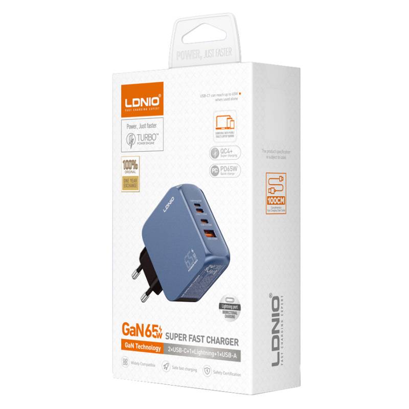Ldnio φορτιστής τοίχου Q7 με καλώδιο USB-C, USB/Lightning/2x USB-C, GaN, 65W, μπλε – φωτογραφία 4