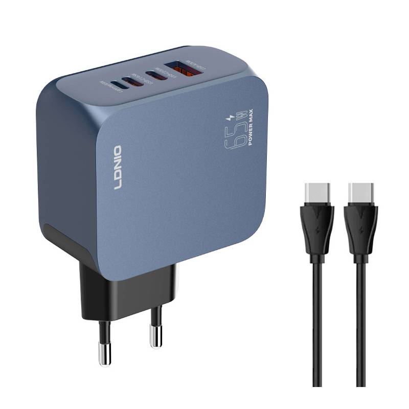 Ldnio φορτιστής τοίχου Q7 με καλώδιο USB-C, USB/Lightning/2x USB-C, GaN, 65W, μπλε Ldnio φορτιστής τοίχου Q7 με καλώδιο USB-C, USB/Lightning/2x USB-C, GaN, 65W, μπλε