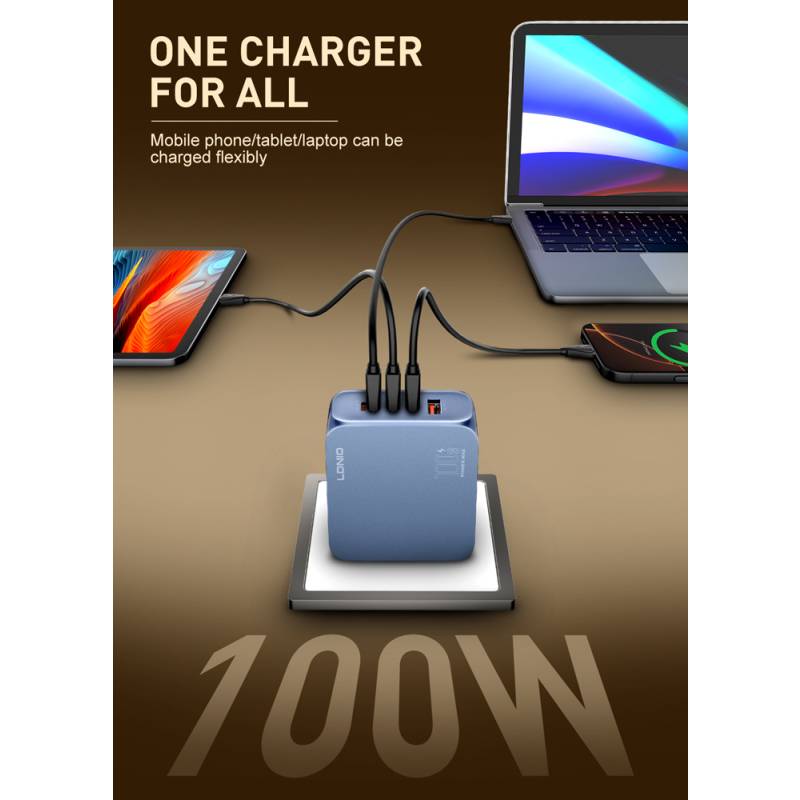 Ldnio φορτιστής τοίχου Q8 με καλώδιο USB-C, USB/Lightning/3x USB-C, GaN, 100W, μπλε – φωτογραφία 2