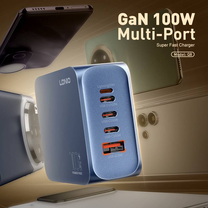 Ldnio φορτιστής τοίχου Q8 με καλώδιο USB-C, USB/Lightning/3x USB-C, GaN, 100W, μπλε – φωτογραφία 3