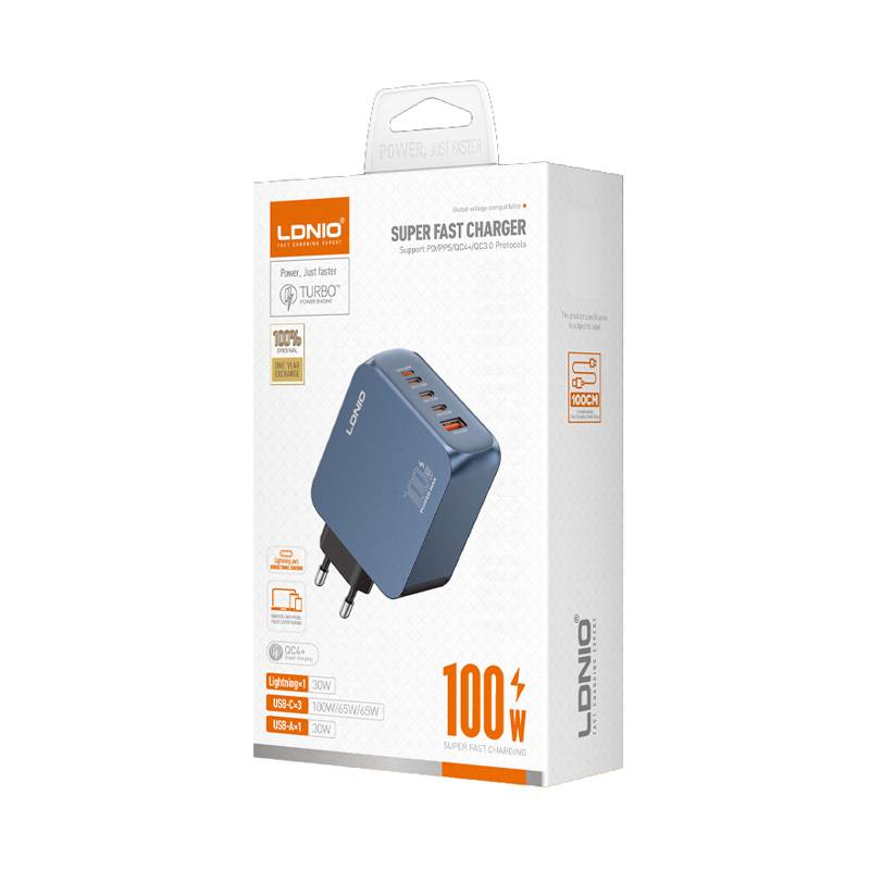 Ldnio φορτιστής τοίχου Q8 με καλώδιο USB-C, USB/Lightning/3x USB-C, GaN, 100W, μπλε – φωτογραφία 4