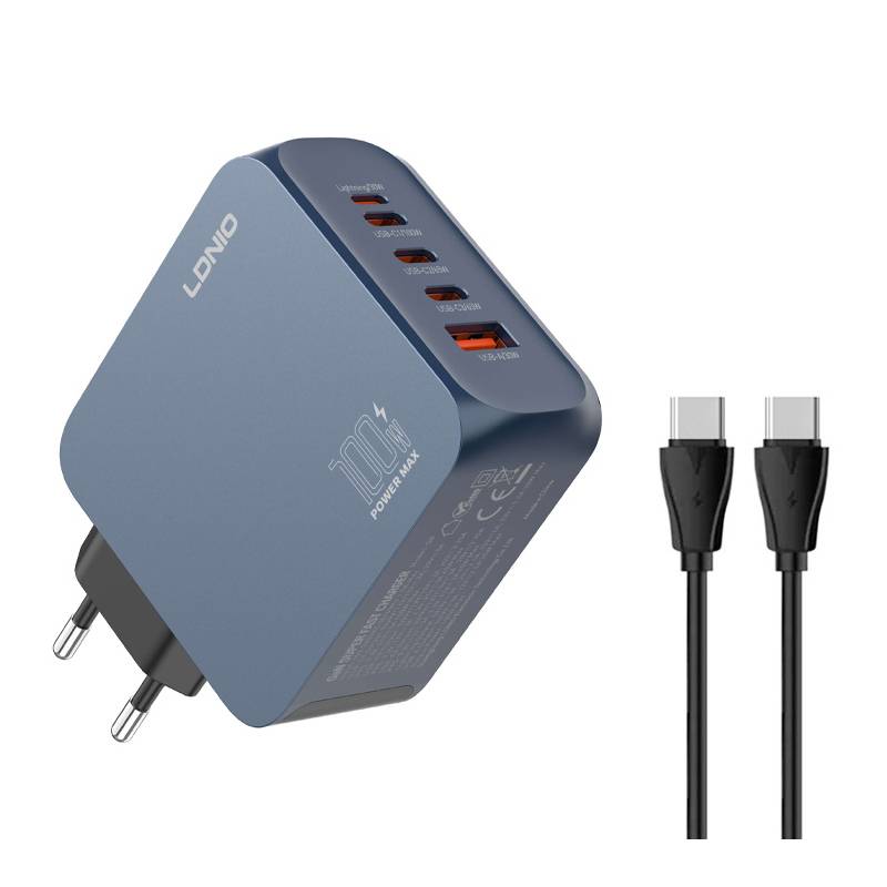 Ldnio φορτιστής τοίχου Q8 με καλώδιο USB-C, USB/Lightning/3x USB-C, GaN, 100W, μπλε