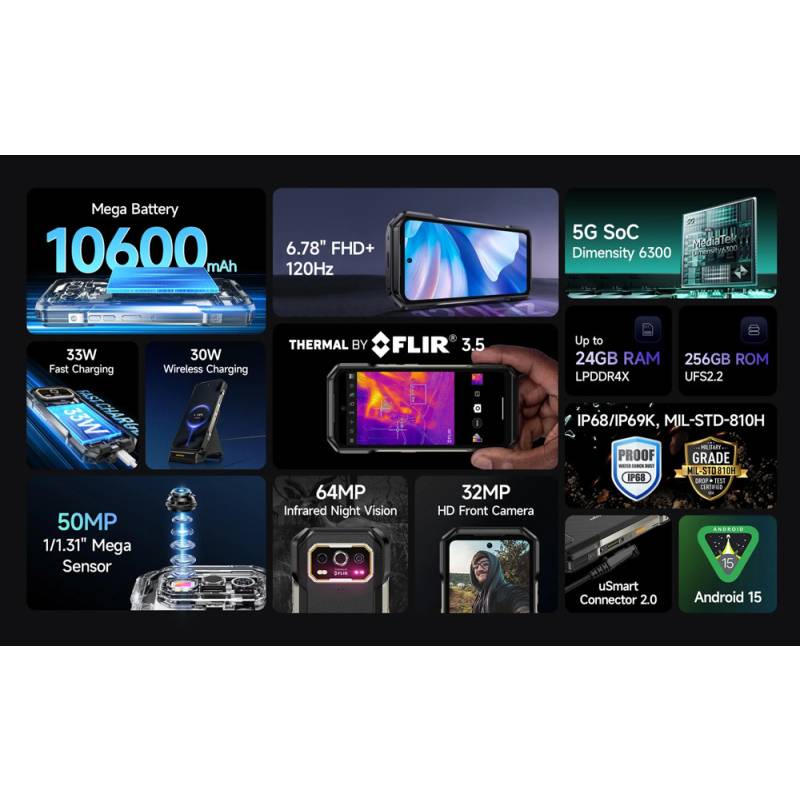 Ulefone smartphone Armor 27T Pro Plus, 6.78", 12/256GB, 5G, 10600mAh, FLIR 3.5, IP68/IP69K, μαύρο – φωτογραφία 3