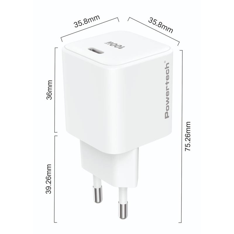 Powertech φορτιστής τοίχου PT-1612, USB-C, 100W, GaN, AVS, λευκός – φωτογραφία 2