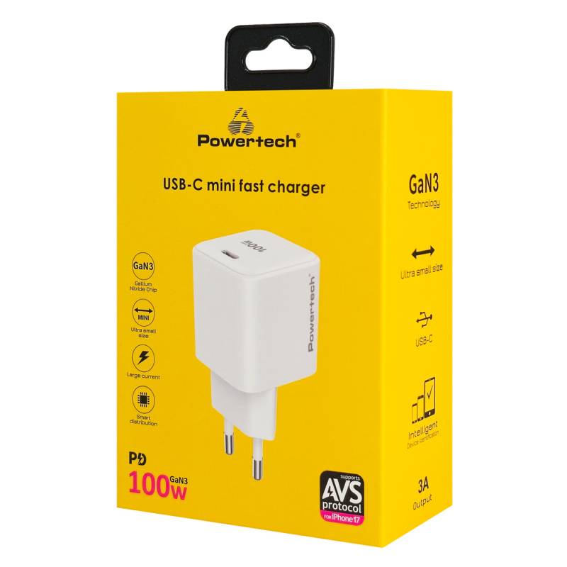 Powertech φορτιστής τοίχου PT-1612, USB-C, 100W, GaN, AVS, λευκός – φωτογραφία 3