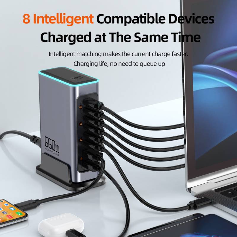 Powertech σταθμός φόρτισης PT-1621, 2x USB & 6x USB-C, GaN, 140W, γκρι – φωτογραφία 2