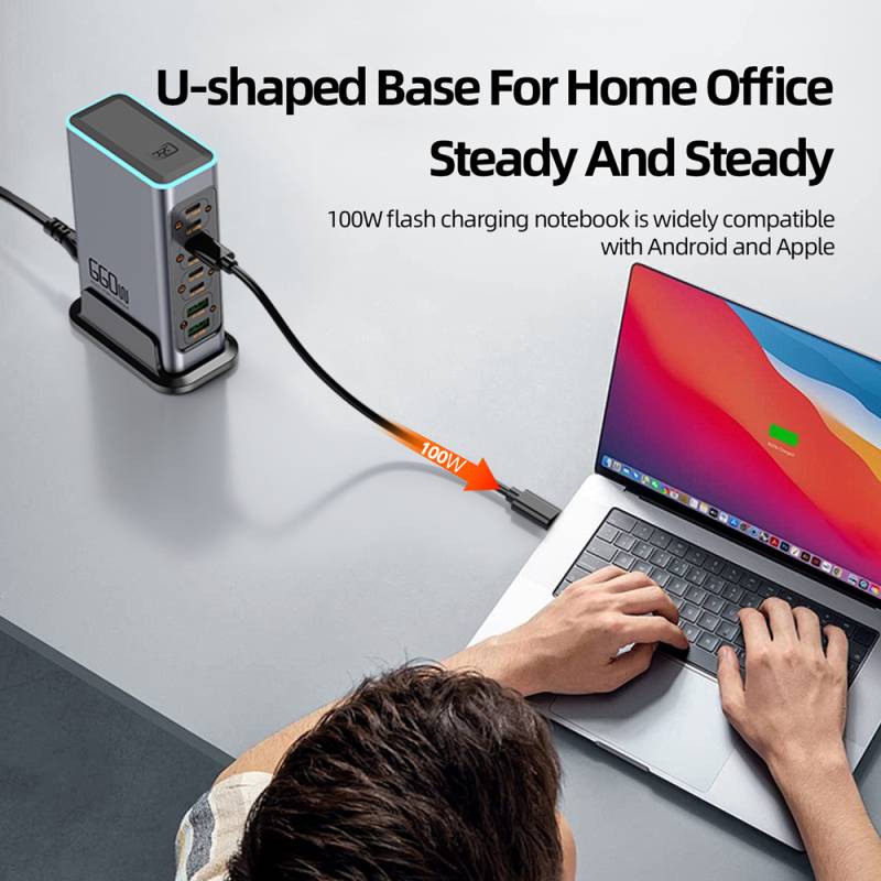 Powertech σταθμός φόρτισης PT-1621, 2x USB & 6x USB-C, GaN, 140W, γκρι – φωτογραφία 3