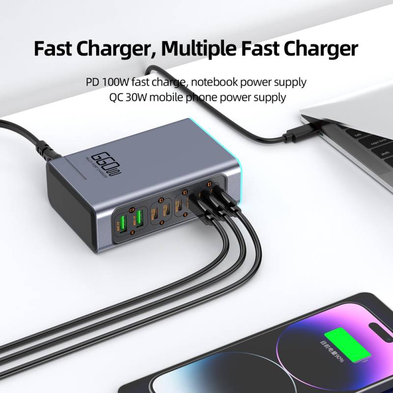Powertech σταθμός φόρτισης PT-1621, 2x USB & 6x USB-C, GaN, 140W, γκρι – φωτογραφία 4