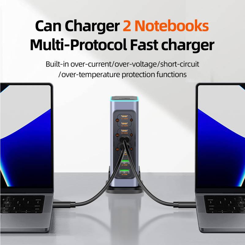 Powertech σταθμός φόρτισης PT-1621, 2x USB & 6x USB-C, GaN, 140W, γκρι – φωτογραφία 5