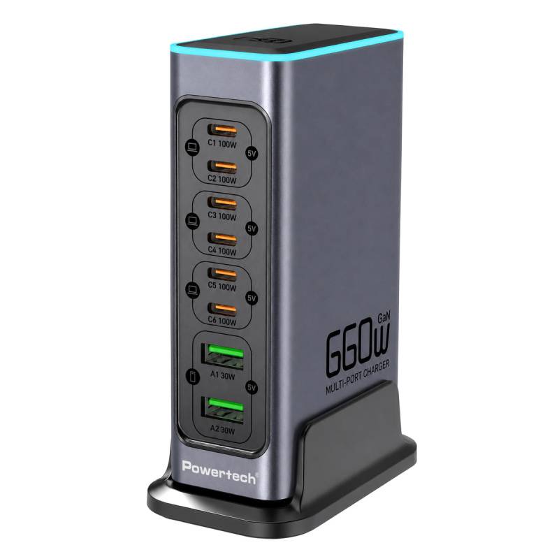Powertech σταθμός φόρτισης PT-1621, 2x USB & 6x USB-C, GaN, 140W, γκρι