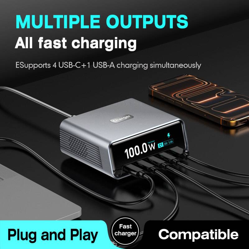 Powertech σταθμός φόρτισης PT-1622 με οθόνη, USB & 4x USB-C, GaN, 100W, ασημί – φωτογραφία 2