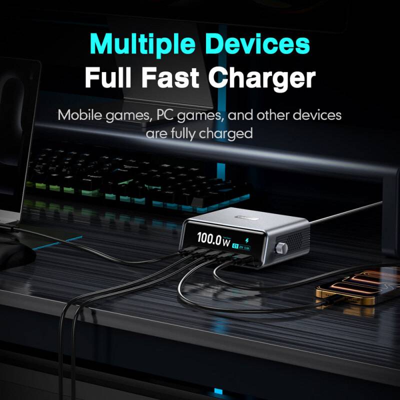Powertech σταθμός φόρτισης PT-1622 με οθόνη, USB & 4x USB-C, GaN, 100W, ασημί – φωτογραφία 4