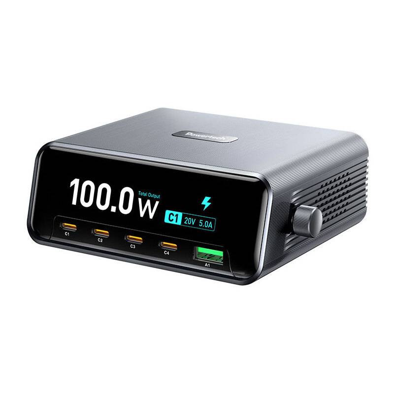 Powertech σταθμός φόρτισης PT-1622 με οθόνη, USB & 4x USB-C, GaN, 100W, ασημί