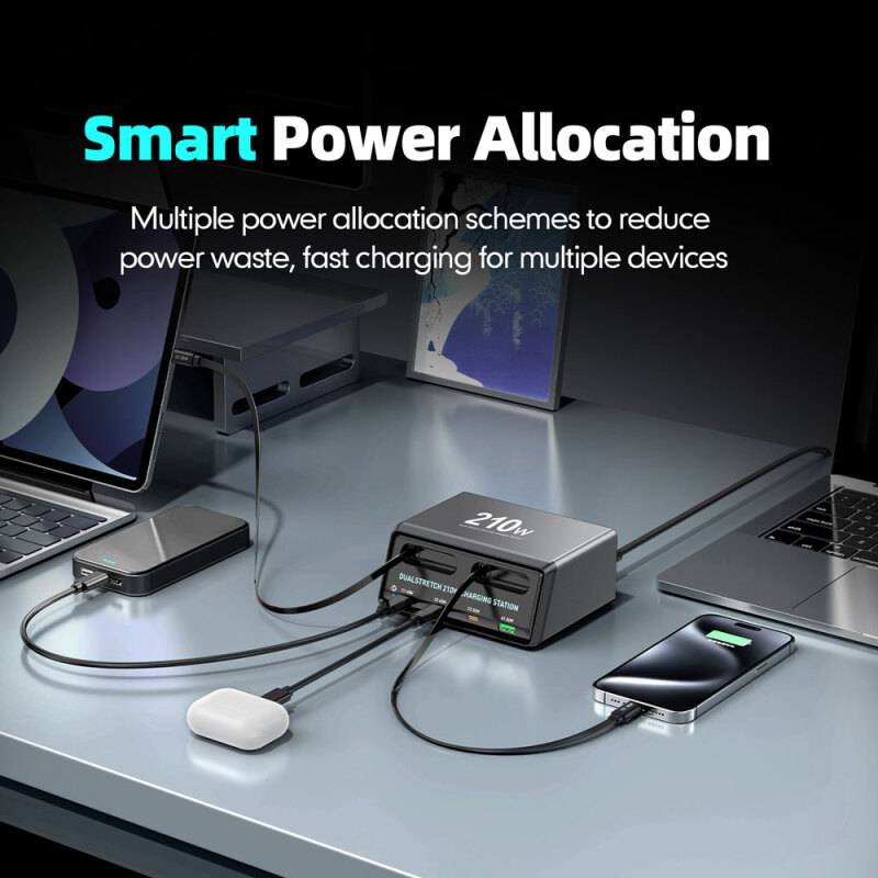 Powertech σταθμός φόρτισης PT-1623, USB/3x USB-C/2x USB-C καλώδια, GaN, 160W, μαύρος – φωτογραφία 2