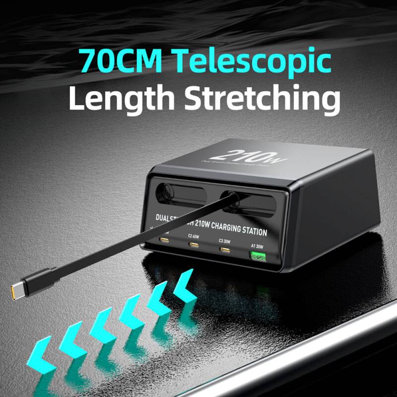 Powertech σταθμός φόρτισης PT-1623, USB/3x USB-C/2x USB-C καλώδια, GaN, 160W, μαύρος – φωτογραφία 3