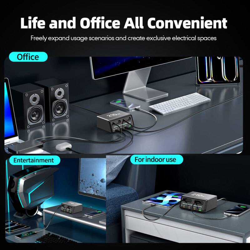 Powertech σταθμός φόρτισης PT-1623, USB/3x USB-C/2x USB-C καλώδια, GaN, 160W, μαύρος – φωτογραφία 4