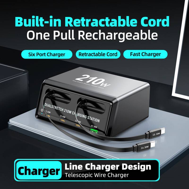 Powertech σταθμός φόρτισης PT-1623, USB/3x USB-C/2x USB-C καλώδια, GaN, 160W, μαύρος – φωτογραφία 5