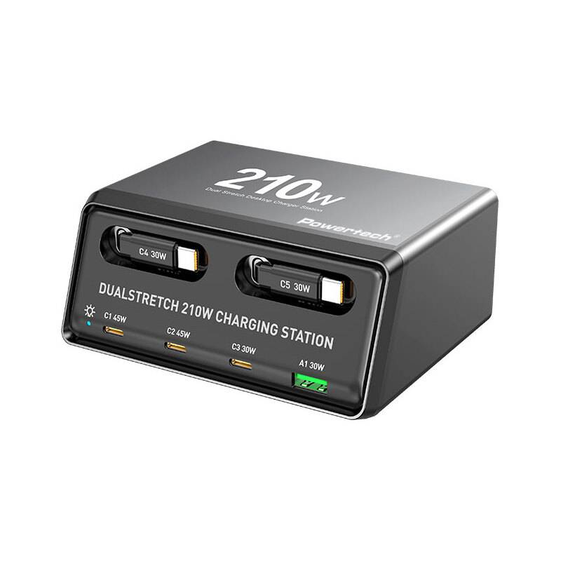 Powertech σταθμός φόρτισης PT-1623, USB/3x USB-C/2x USB-C καλώδια, GaN, 160W, μαύρος – φωτογραφία 6