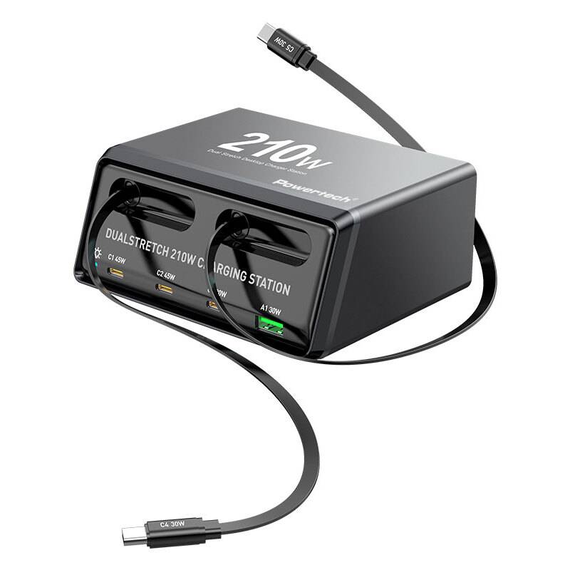 Powertech σταθμός φόρτισης PT-1623, USB/3x USB-C/2x USB-C καλώδια, GaN, 160W, μαύρος