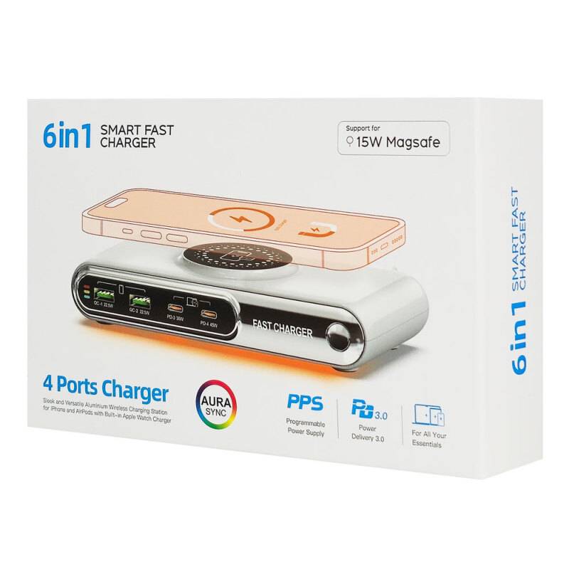 Powertech σταθμός φόρτισης PT-1624, 2x USB/2x USB-C/wireless, 72W, λευκός – φωτογραφία 6