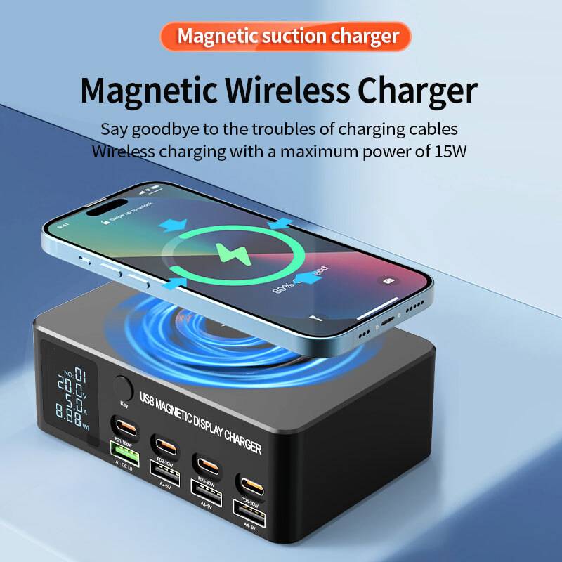 Powertech σταθμός φόρτισης PT-1625 με οθόνη, 4x USB/4x USB-C/wireless, 140W, μαύρος – φωτογραφία 2