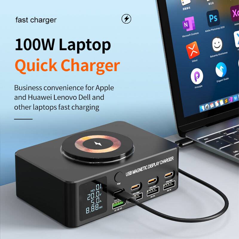 Powertech σταθμός φόρτισης PT-1625 με οθόνη, 4x USB/4x USB-C/wireless, 140W, μαύρος – φωτογραφία 3