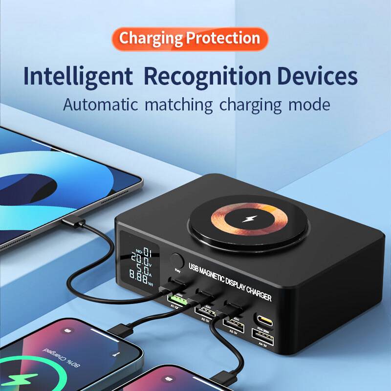 Powertech σταθμός φόρτισης PT-1625 με οθόνη, 4x USB/4x USB-C/wireless, 140W, μαύρος – φωτογραφία 4