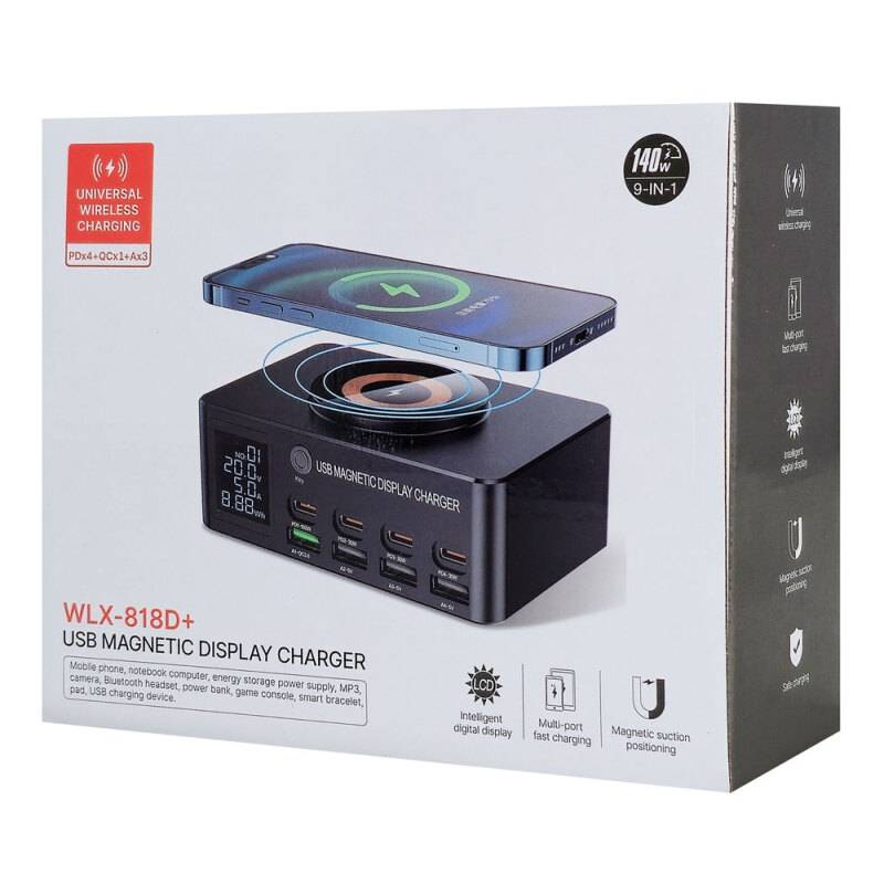 Powertech σταθμός φόρτισης PT-1625 με οθόνη, 4x USB/4x USB-C/wireless, 140W, μαύρος – φωτογραφία 6