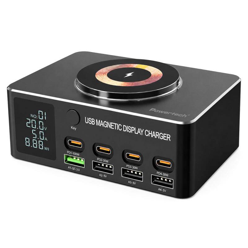 Powertech σταθμός φόρτισης PT-1625 με οθόνη, 4x USB/4x USB-C/wireless, 140W, μαύρος