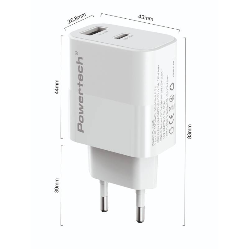 Powertech φορτιστής τοίχου PT-1635 με καλώδιο, USB/USB-C, 20W, λευκός – φωτογραφία 2