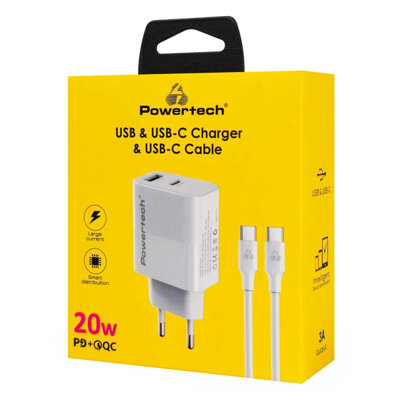 Powertech φορτιστής τοίχου PT-1635 με καλώδιο, USB/USB-C, 20W, λευκός – φωτογραφία 3