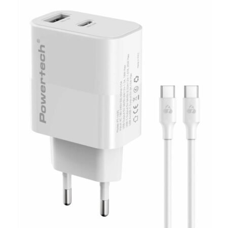 POWERTECH φορτιστής τοίχου PT-1635 με καλώδιο, USB/USB-C, 20W, λευκός