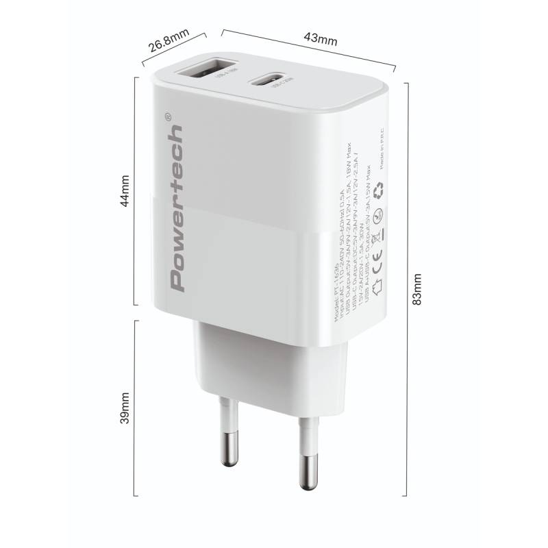 Powertech φορτιστής τοίχου PT-1636 με καλώδιο, USB/USB-C, 30W, GaN, λευκός – φωτογραφία 2