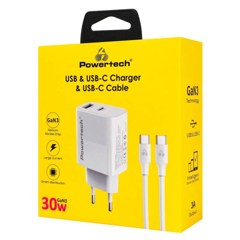 Powertech φορτιστής τοίχου PT-1636 με καλώδιο, USB/USB-C, 30W, GaN, λευκός – φωτογραφία 3