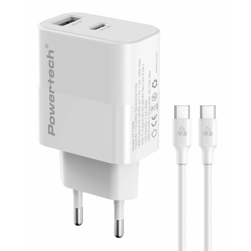 Powertech φορτιστής τοίχου PT-1636 με καλώδιο, USB/USB-C, 30W, GaN, λευκός